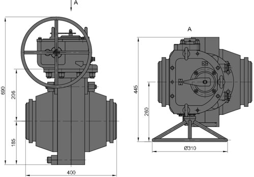 Рис.1. Габаритные и присоединительные размеры крана шарового DN 150 PN 100 с ручным приводом