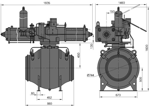 Рис.1. Габаритные и присоединительные размеры крана шарового DN 400 PN 100 с пневмогидравлическим приводом