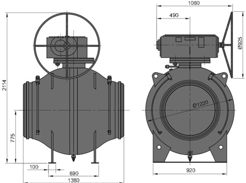 Рис.1. Габаритные и присоединительные размеры крана шарового DN 700 PN 100 с ручным приводом