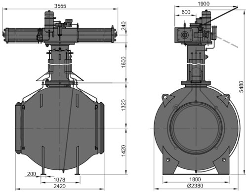 Рис.1. Габаритные и присоединительные размеры крана шарового DN 1400 PN 100 с пневмогидравлическим приводом для подземной становки